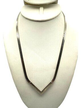 Vintage Avon Silver Tone V Necklace, Herringbone Chain Reversible Chevron Collar
